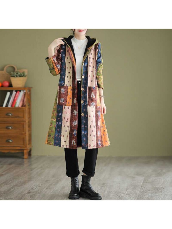 Ethnic Style Fleece-lined Thick Mid-length Trench Coat
